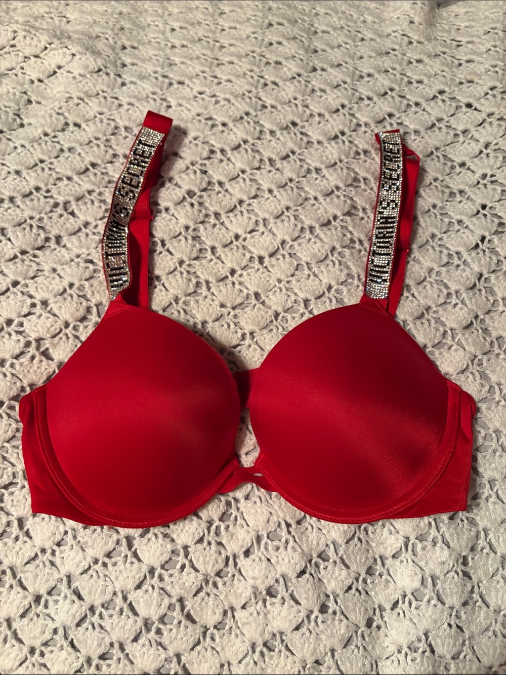 Women's Red Padded Bra with Embellished Straps Sexy Push-up